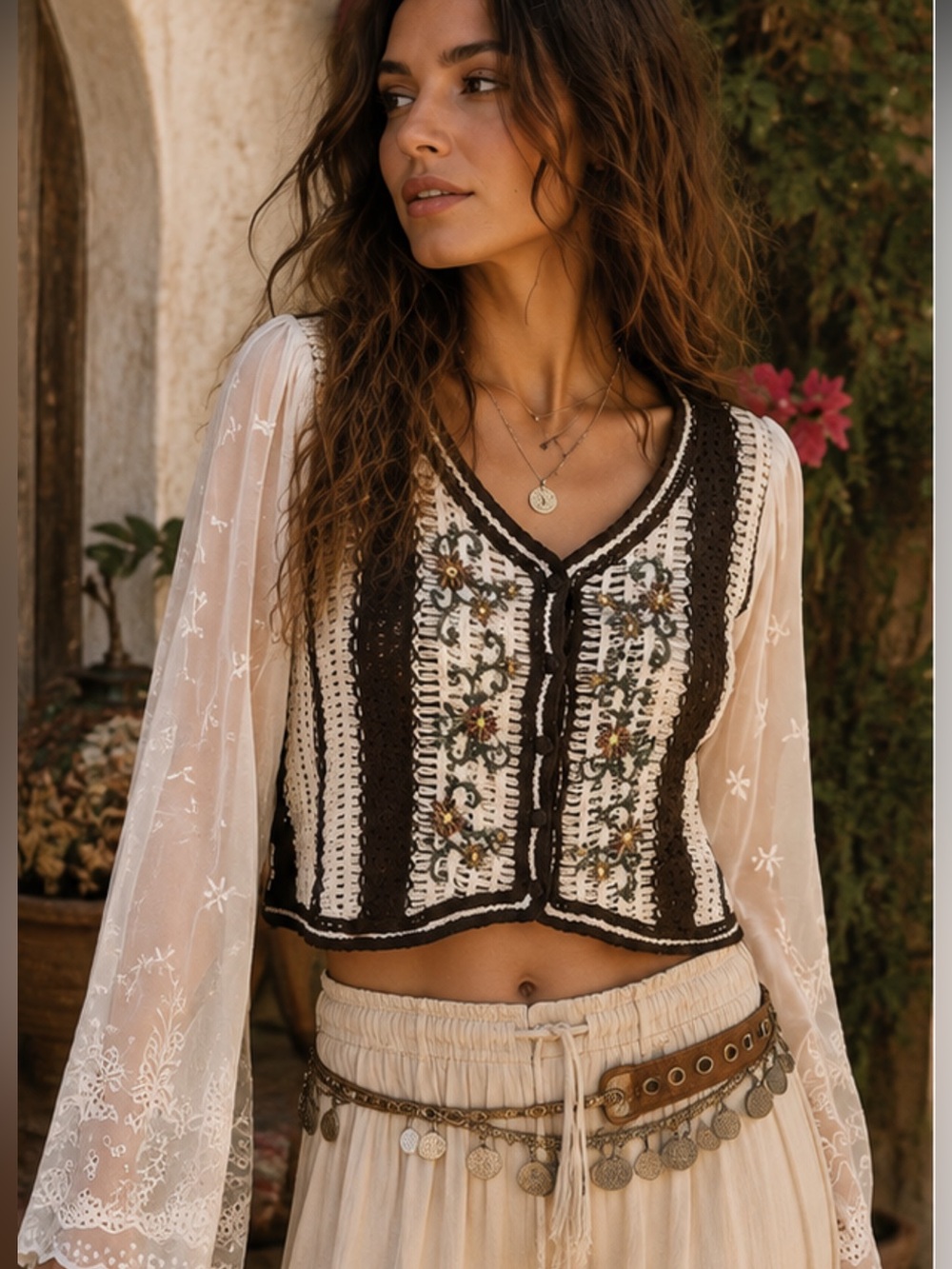 Cider Crochet Embroidered floral cardigan Cream & Brown